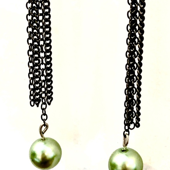 3/$32 Recycled Charcoal Chains/Green Pearl Bead Long Dangle Pierced Earrings - Picture 3 of 7